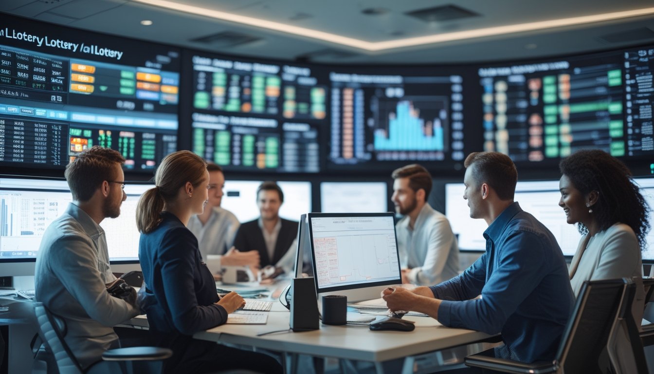 Sekelompok orang bekerja bersama di kantor modern dengan layar besar menampilkan data lotere 3D dan Sydney.