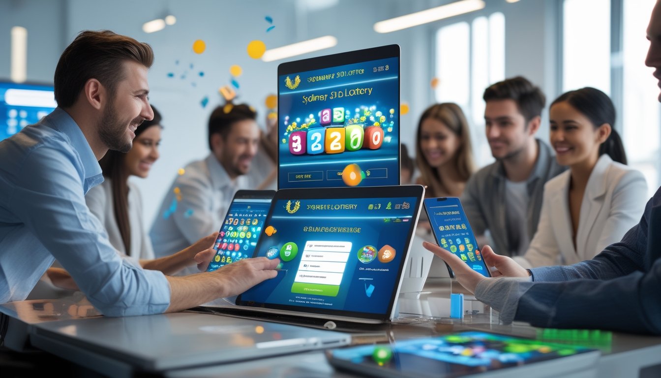 Orang-orang menggunakan perangkat digital di ruang kerja modern dengan tampilan antarmuka lotere 3D berwarna-warni.