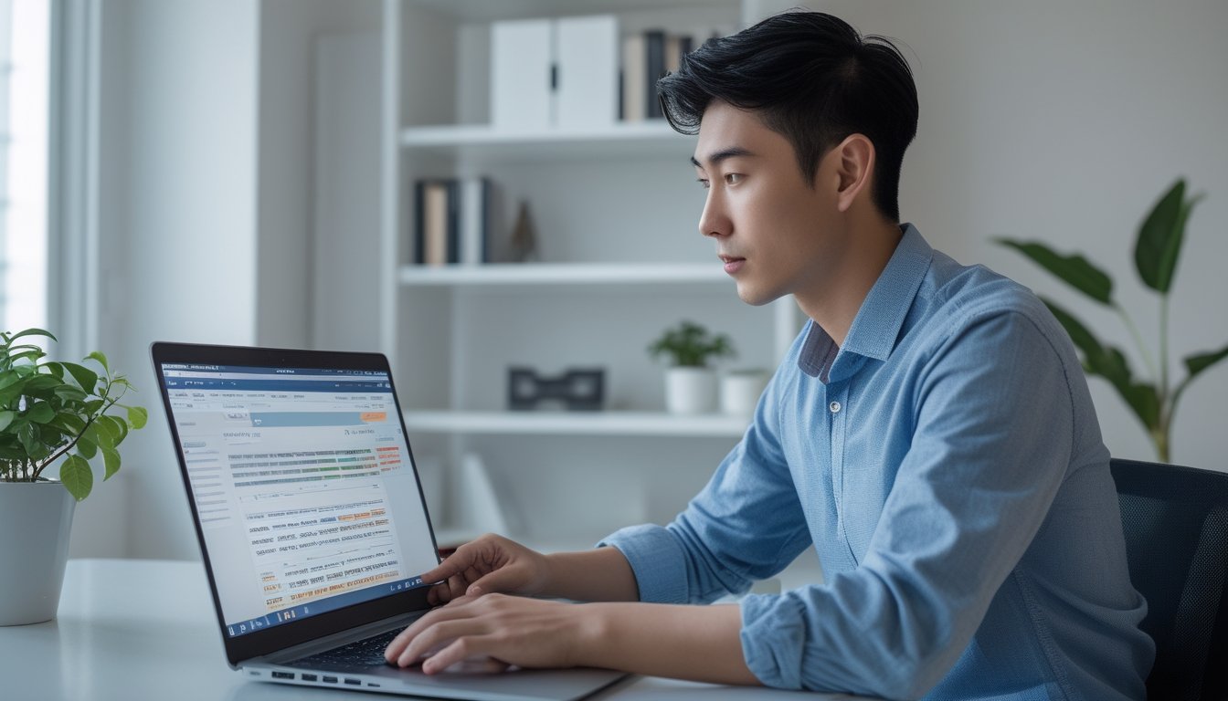 Seorang pria muda duduk di meja kerja dengan laptop, fokus menganalisis informasi di ruang kantor rumah yang terang dan rapi.