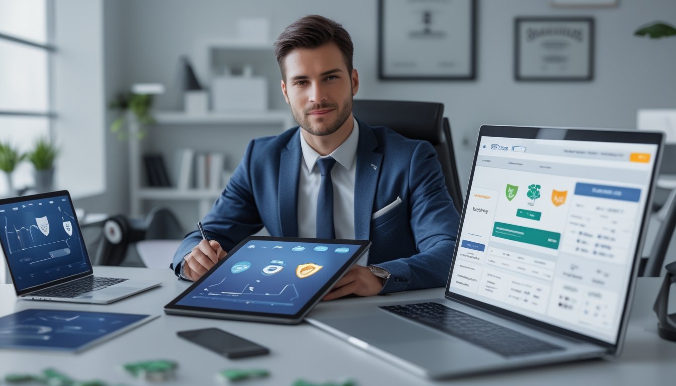 Seorang profesional duduk di meja dengan laptop dan ponsel yang menampilkan antarmuka taruhan togel online, dengan latar kantor yang menunjukkan dokumen resmi dan simbol keamanan.