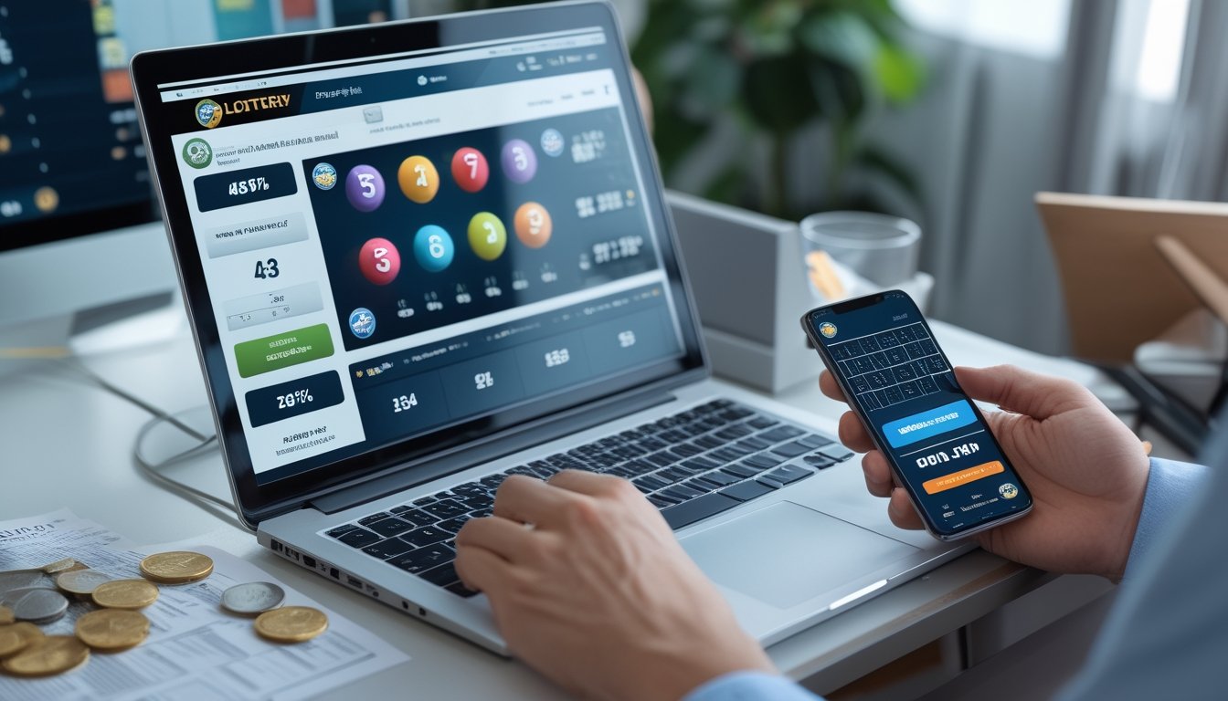 Seorang pria menggunakan laptop dan smartphone dengan tampilan antarmuka permainan togel online dan bola togel berwarna-warni di meja.