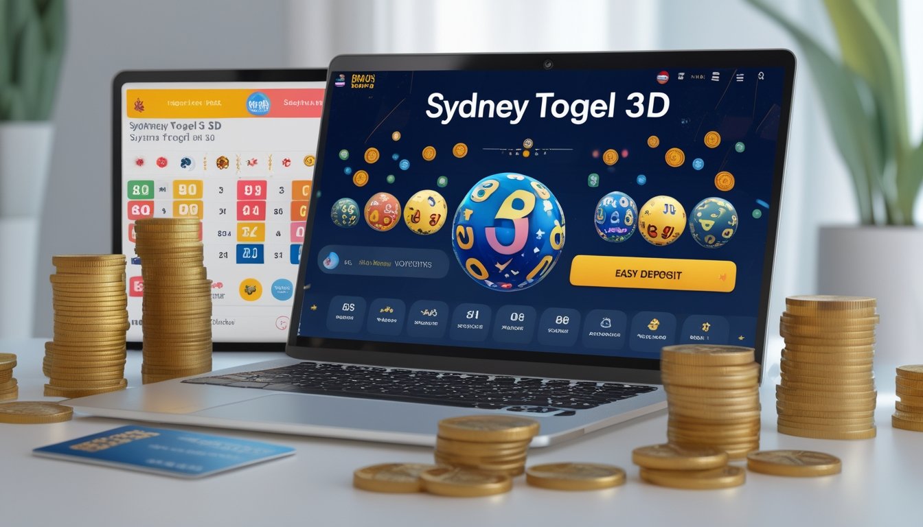 Seorang pengguna di depan laptop dengan tampilan antarmuka lotere digital dan elemen yang melambangkan taruhan online seperti ponsel, koin, dan kartu kredit di meja kerja.