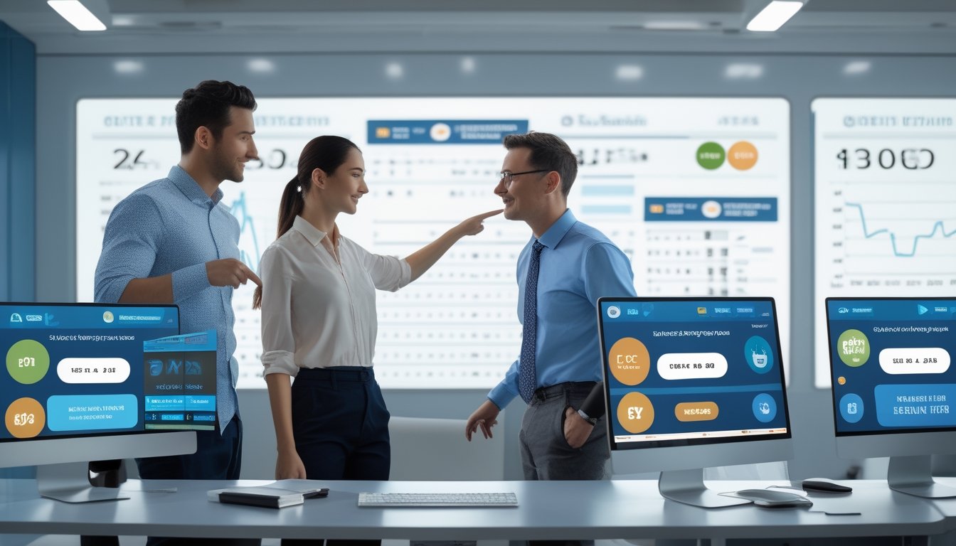 Dua orang muda bekerja bersama di kantor modern dengan beberapa layar komputer menampilkan angka lotere dan simbol pembayaran digital.