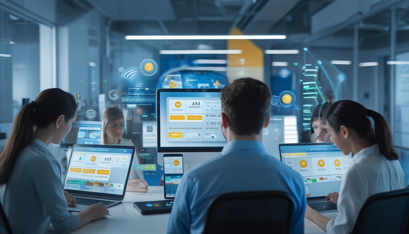 Beberapa orang menggunakan perangkat digital di kantor modern, menunjukkan aktivitas taruhan togel online dengan suasana profesional dan efisien.