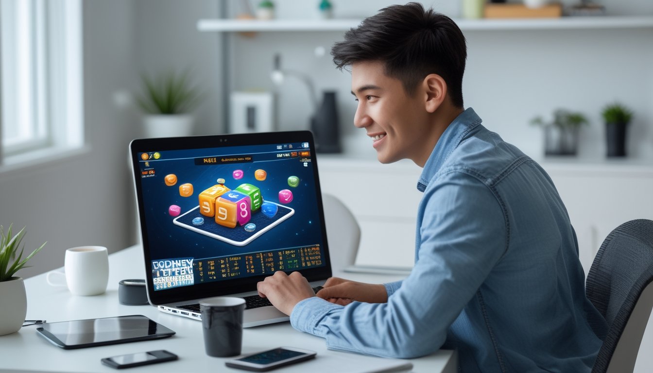 Seorang dewasa muda duduk di meja dengan laptop, terlihat fokus dan optimis saat bermain togel 3D Sydney secara online di ruang kerja rumah yang terang.
