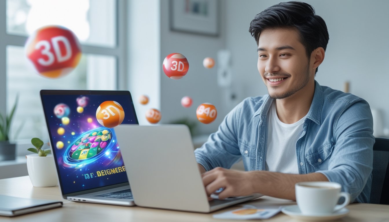 Seorang pemuda duduk di meja dengan laptop terbuka, dikelilingi bola lotere 3D dan angka digital yang melayang, menggambarkan permainan togel online di rumah.