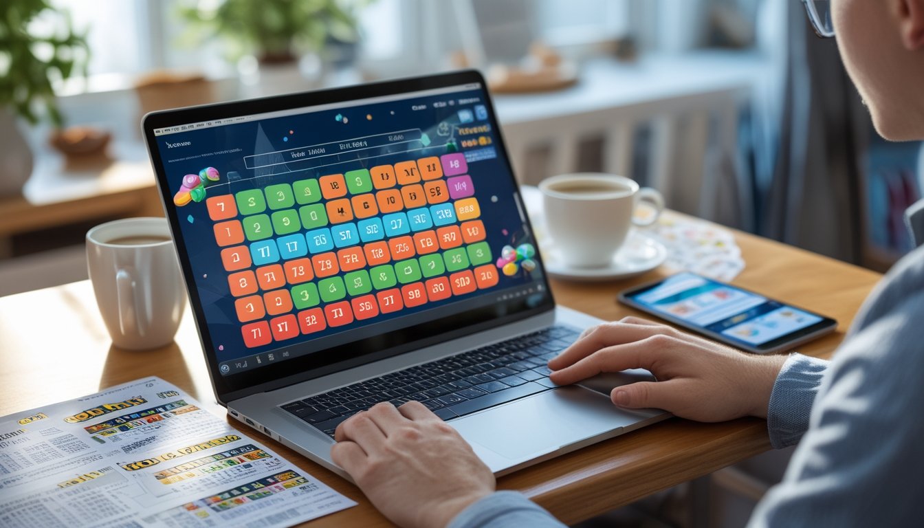 Seorang pria menggunakan laptop di meja kerja dengan tampilan angka lotere 3D dan tiket lotere di sekitarnya.