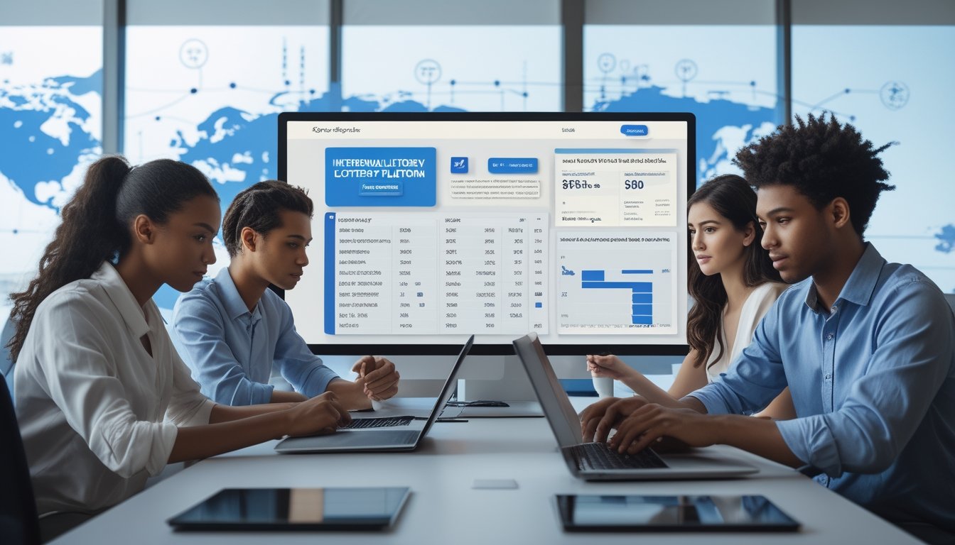 Beberapa orang muda bekerja bersama di kantor dengan layar komputer menampilkan platform lotre online dan grafik pasar internasional.