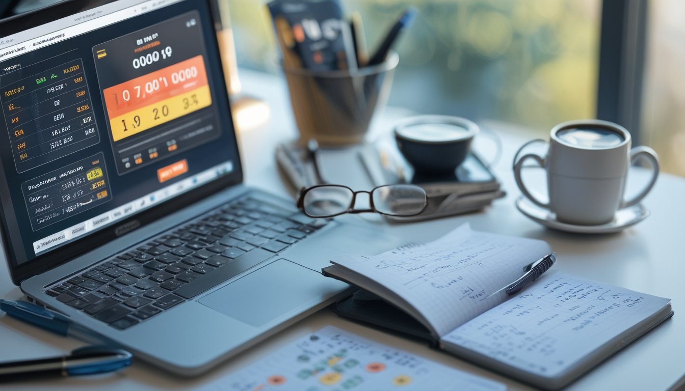 Meja kerja dengan laptop, buku catatan, dan ponsel yang menampilkan angka dan grafik, suasana fokus dan terorganisir.