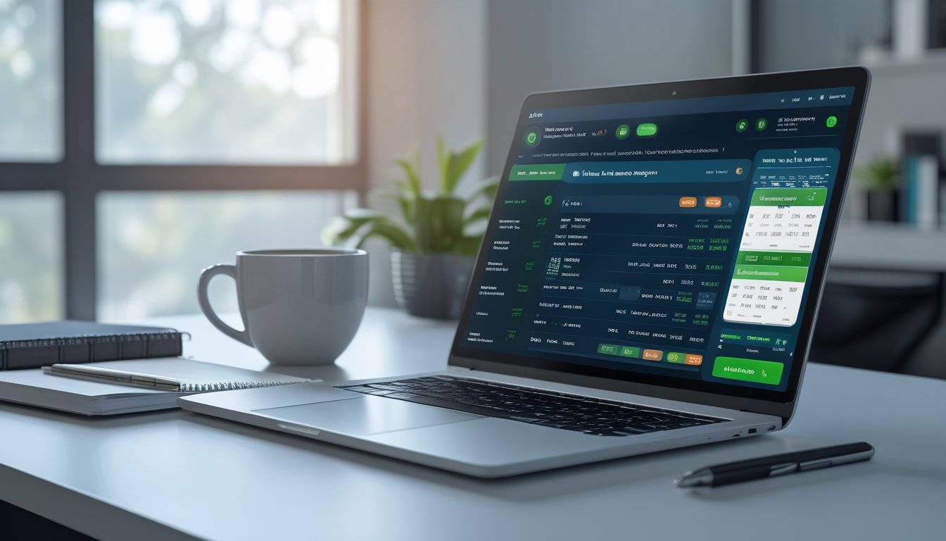 Meja kerja modern dengan laptop dan ponsel yang menampilkan aplikasi taruhan togel online, dilengkapi dengan cangkir kopi dan alat tulis.