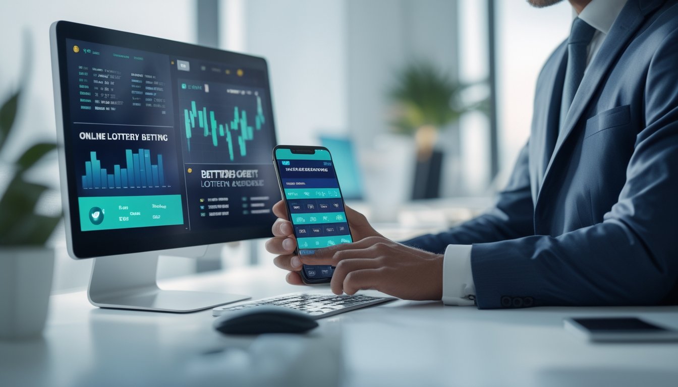 Seorang profesional sedang menggunakan komputer dan ponsel di meja kerja modern yang menunjukkan data taruhan togel online.
