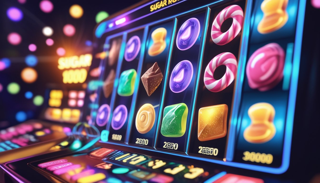 Tampilan layar permainan slot online dengan simbol permen berwarna-warni dan efek cahaya yang menunjukkan suasana menang dan bonus jackpot.