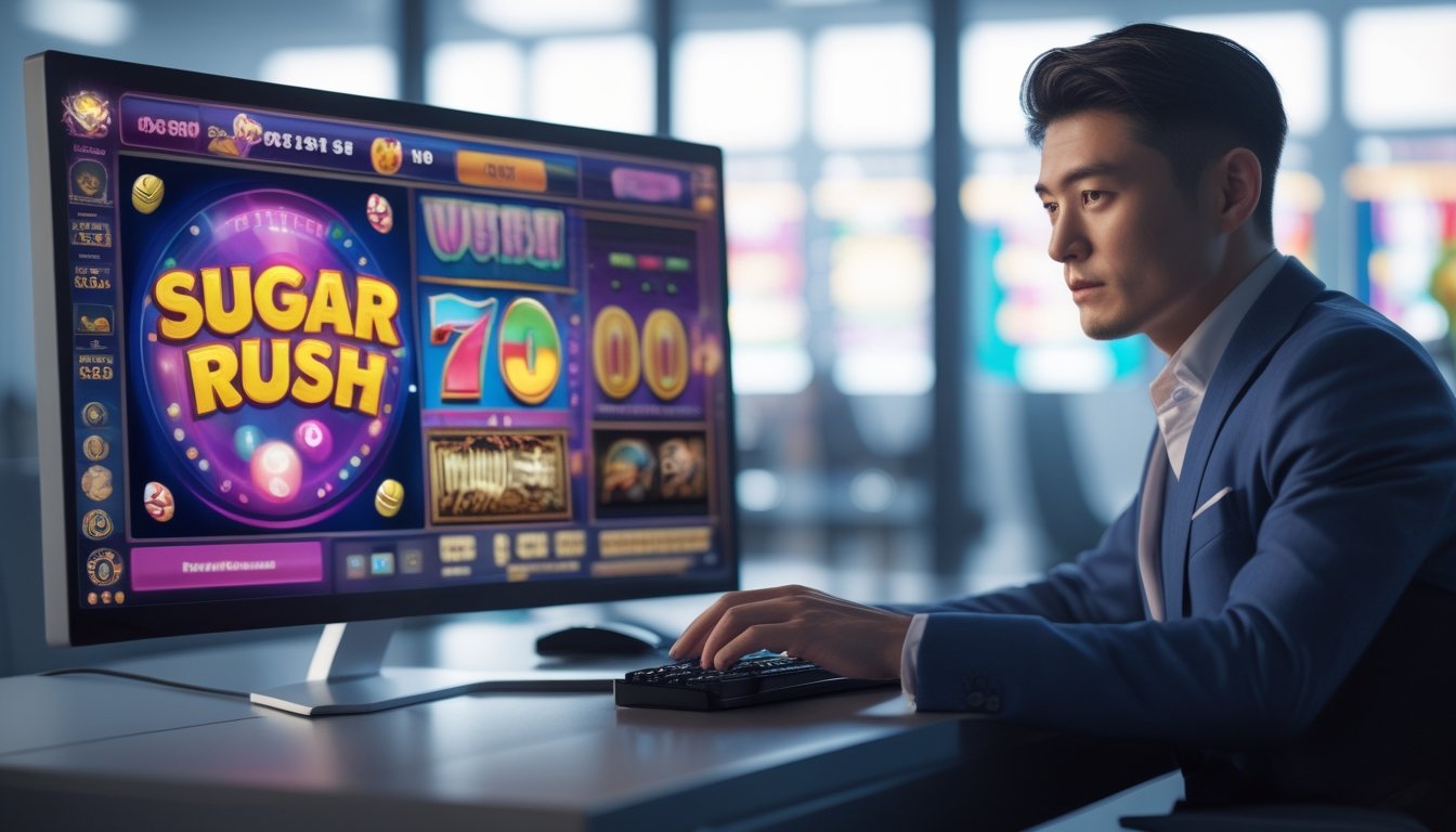 Seorang pria Asia duduk di meja kantor modern, melihat layar komputer dengan grafis permainan slot bertema permen dan jackpot.