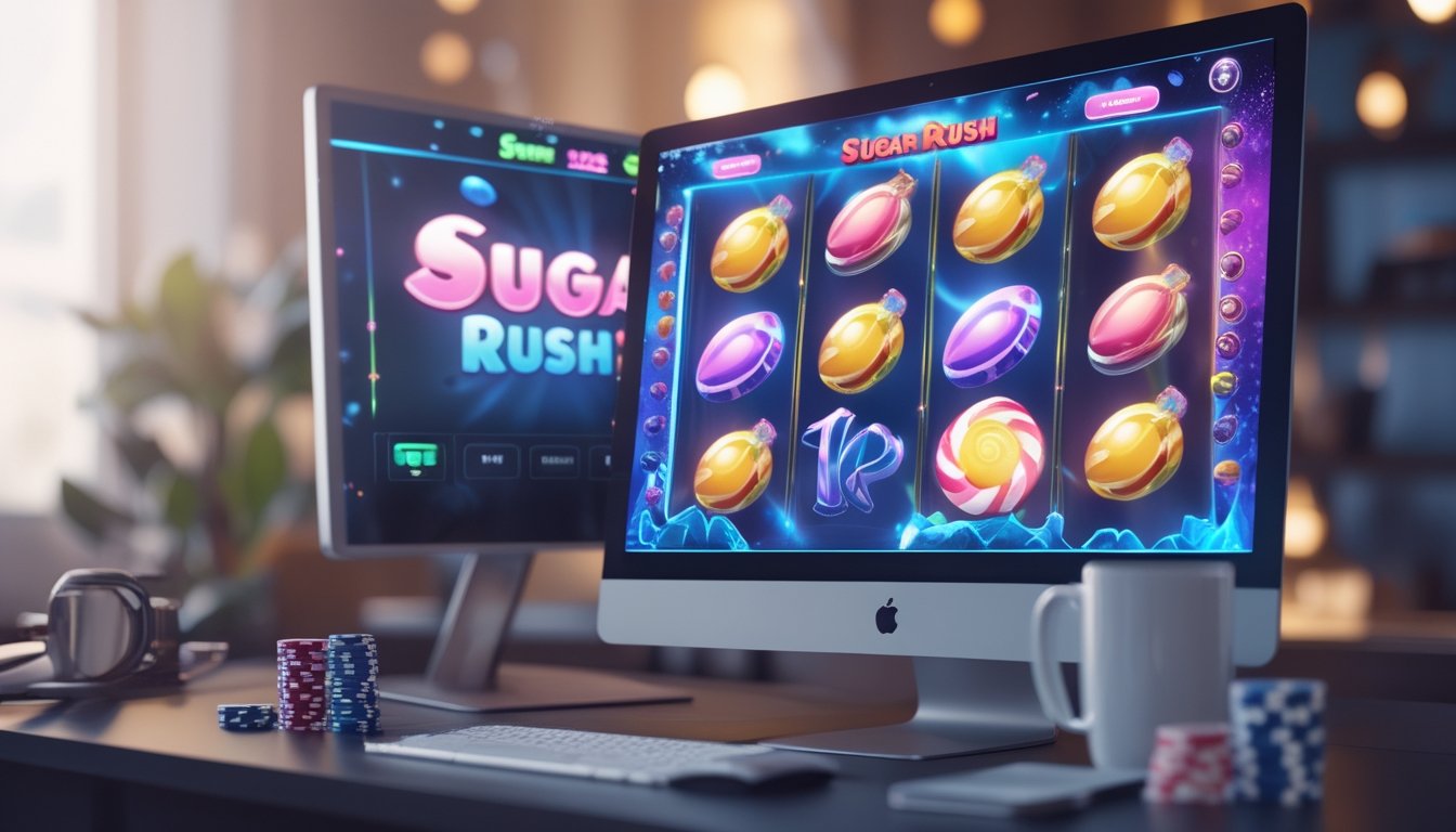 Sebuah meja kerja modern dengan komputer dan ponsel menampilkan permainan slot bertema gula-gula yang berwarna-warni.