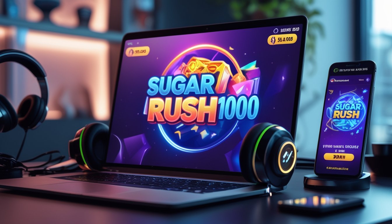 Seseorang bermain game slot Sugar Rush 1000 di laptop di ruang kerja yang nyaman dengan aksesori permainan di sekitar.