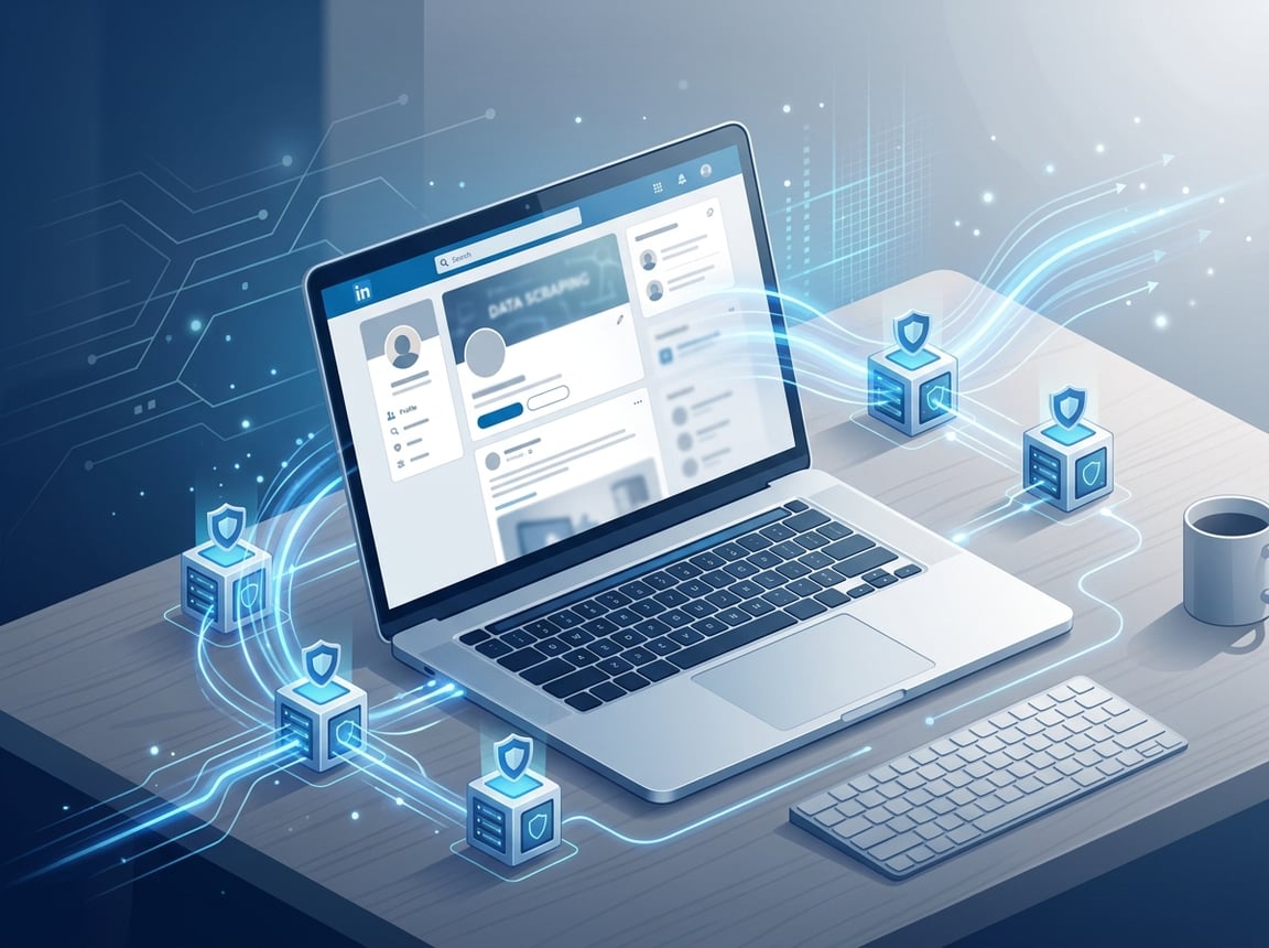 A laptop on a desk connected to multiple glowing proxy servers with data streams flowing between them, symbolizing secure and anonymous data access.