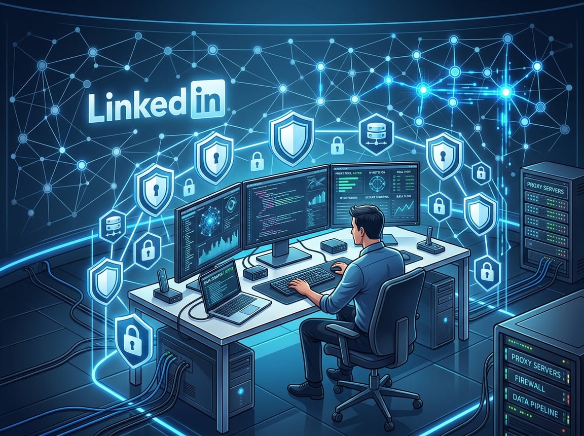 A computer workstation with multiple screens showing data streams and network connections, surrounded by shield and proxy server icons, with a network grid and a LinkedIn logo in the background.