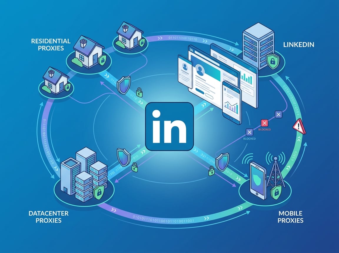 Illustration showing different proxy servers connected to a central LinkedIn symbol with data streams and security icons representing safe and efficient data access.