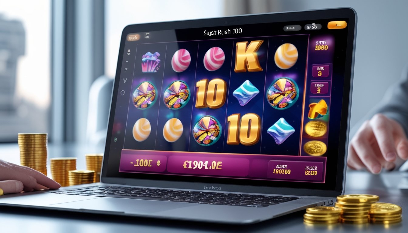 Seorang pemain menggunakan komputer dengan layar menampilkan permainan slot bertema permen berwarna-warni, dikelilingi oleh koin digital dan elemen taruhan online.