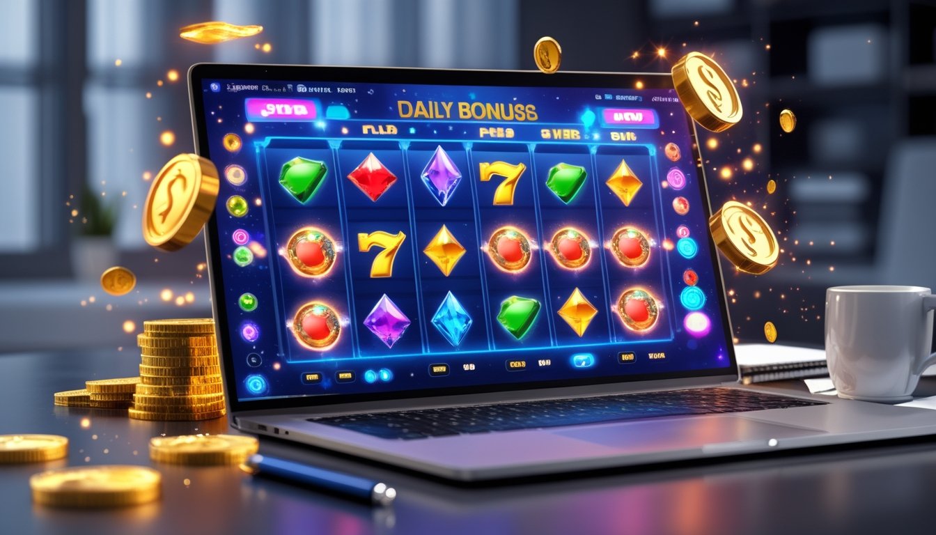 Sebuah layar komputer menampilkan permainan slot dengan simbol warna-warni dan koin berkilauan di sekitarnya.