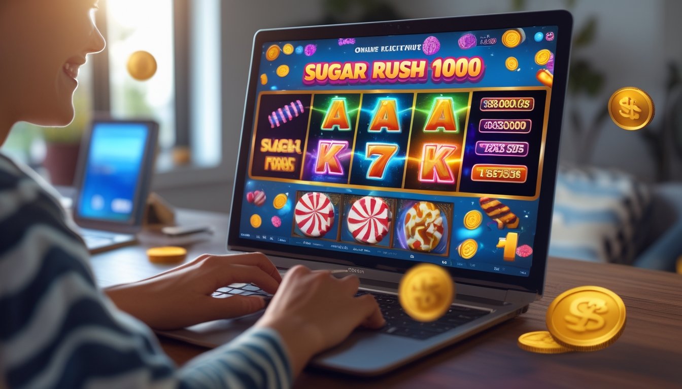 Seorang pengguna bermain permainan slot online dengan tema permen di depan layar komputer di ruangan yang nyaman.