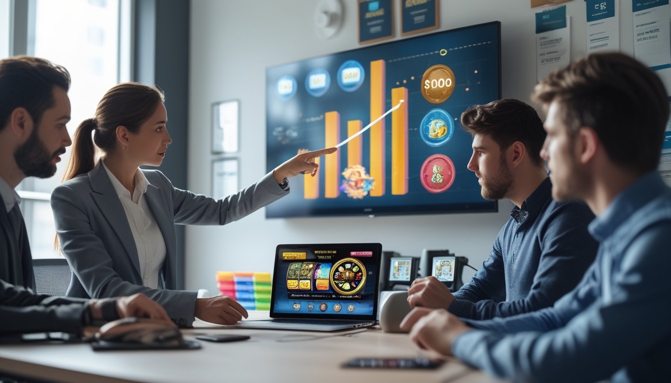 Sekelompok orang sedang berdiskusi di kantor modern tentang permainan slot dan taruhan online dengan layar digital menampilkan grafik dan ikon terkait.