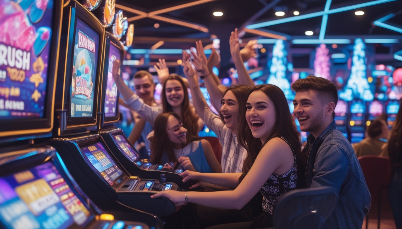 Sekelompok orang muda yang bahagia sedang bermain mesin slot di kasino dengan suasana cerah dan penuh semangat.