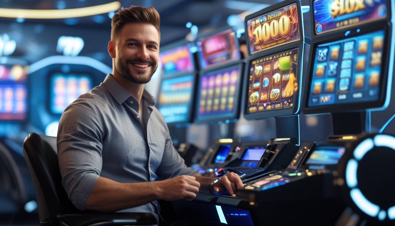 Seorang pria duduk di depan komputer dengan layar menampilkan permainan slot yang berwarna-warni, terlihat senang dan percaya diri dalam suasana gaming modern.