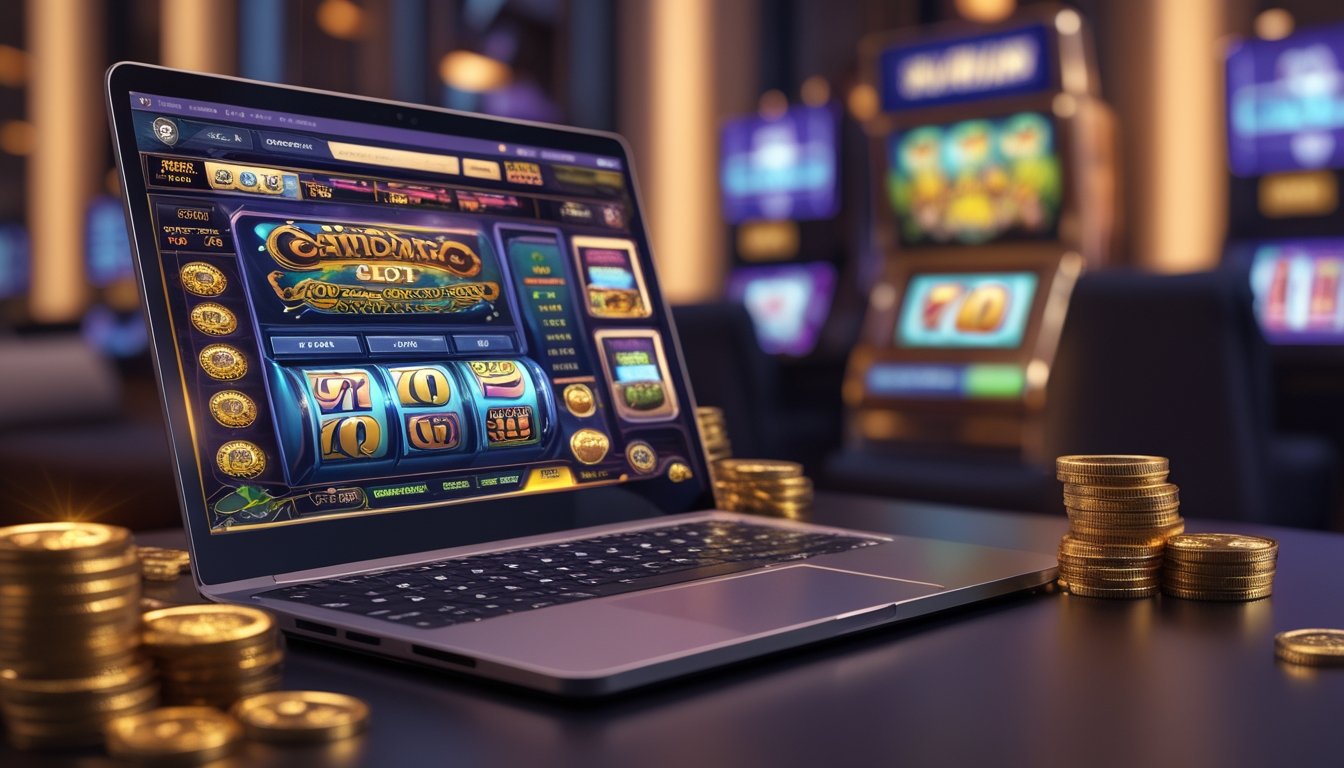 Seorang pemain menggunakan laptop dan ponsel untuk bermain game slot online dengan koin emas dan ikon bonus di sekitar perangkat.