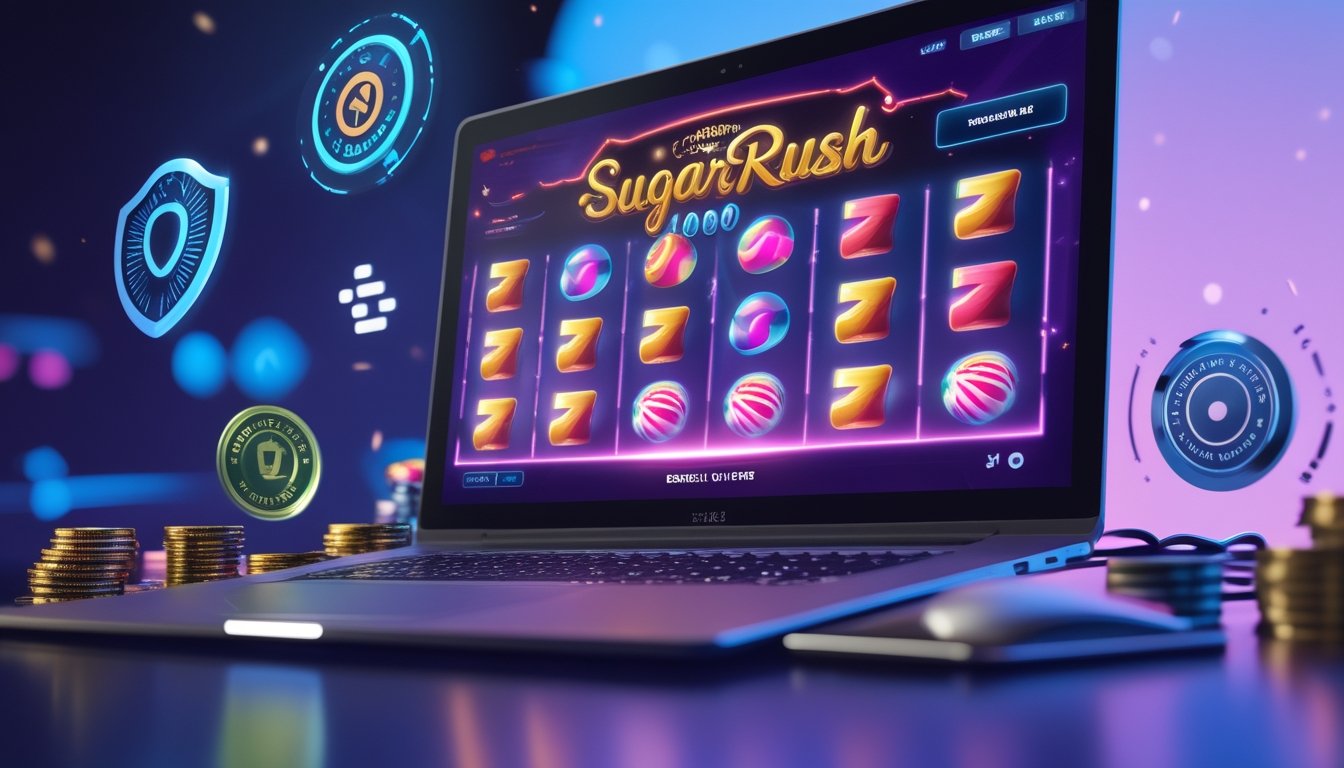 Layar komputer menampilkan permainan slot Sugar Rush 1000 dengan simbol permen berwarna-warni dan ikon keamanan digital di sekitarnya.