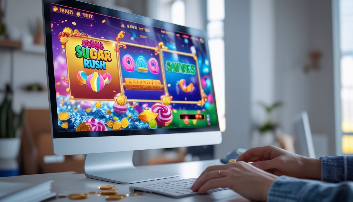 Seseorang bermain permainan slot online di komputer dengan latar belakang dekorasi sederhana dan efek kemenangan yang cerah.