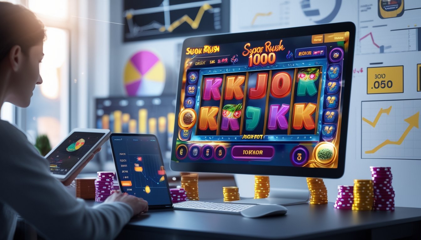 Seorang individu sedang menggunakan komputer dengan tampilan permainan slot Sugar Rush 1000 di layar, dikelilingi oleh grafik dan chip kasino di meja.