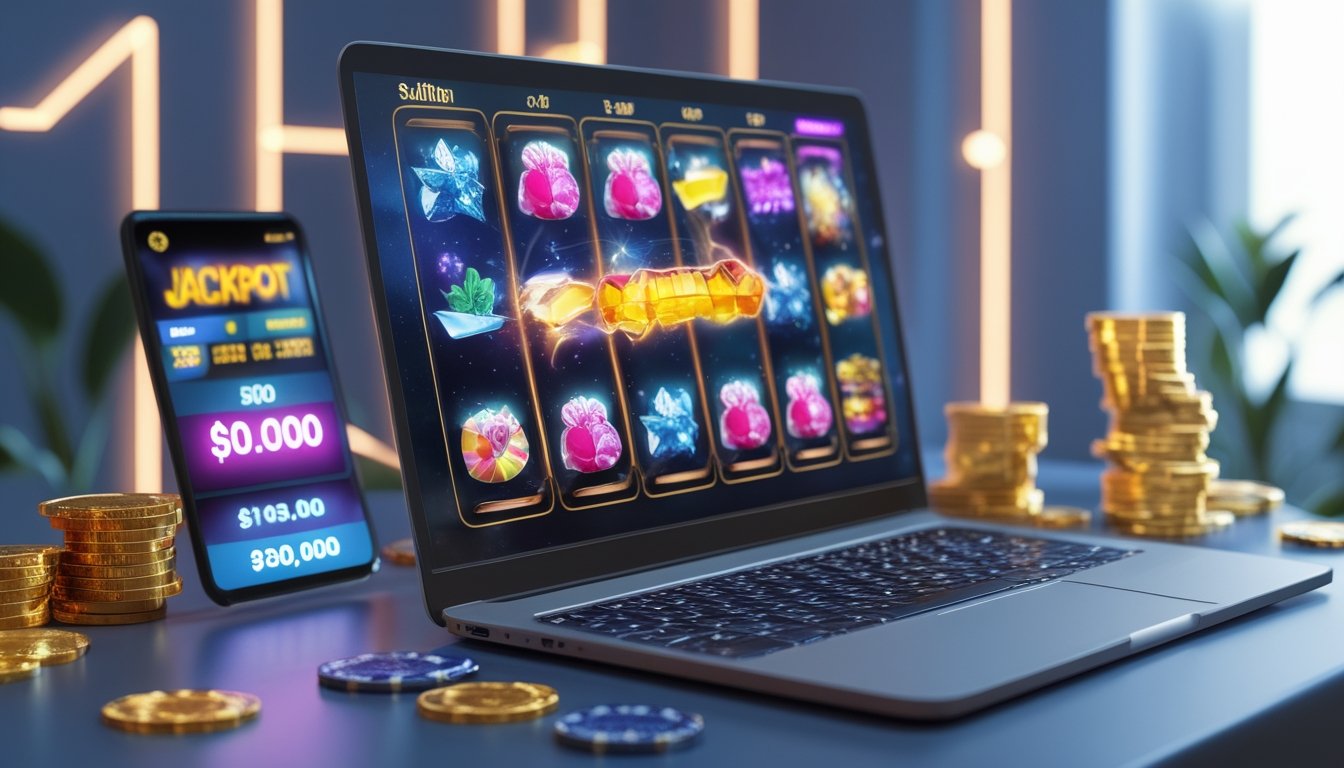 Sebuah layar komputer menampilkan permainan slot online dengan simbol warna-warni dan koin emas di sekitarnya.