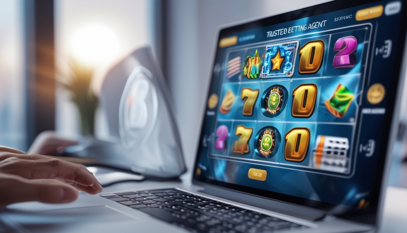 Layar komputer menampilkan permainan slot online berwarna cerah dengan simbol berputar dan indikator bonus, di lingkungan kerja yang rapi dan profesional.
