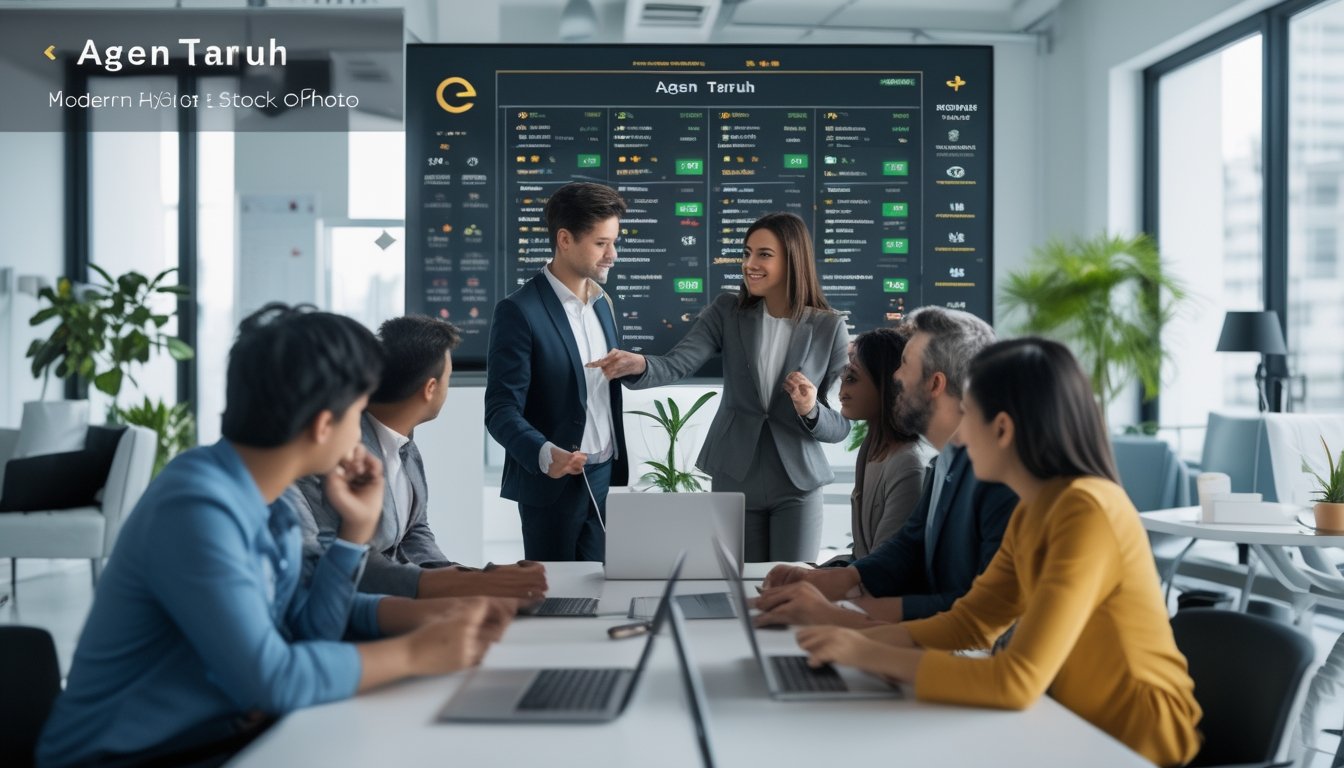Seorang agen taruhan profesional berbicara dengan beberapa klien di kantor modern yang terang dan rapi.