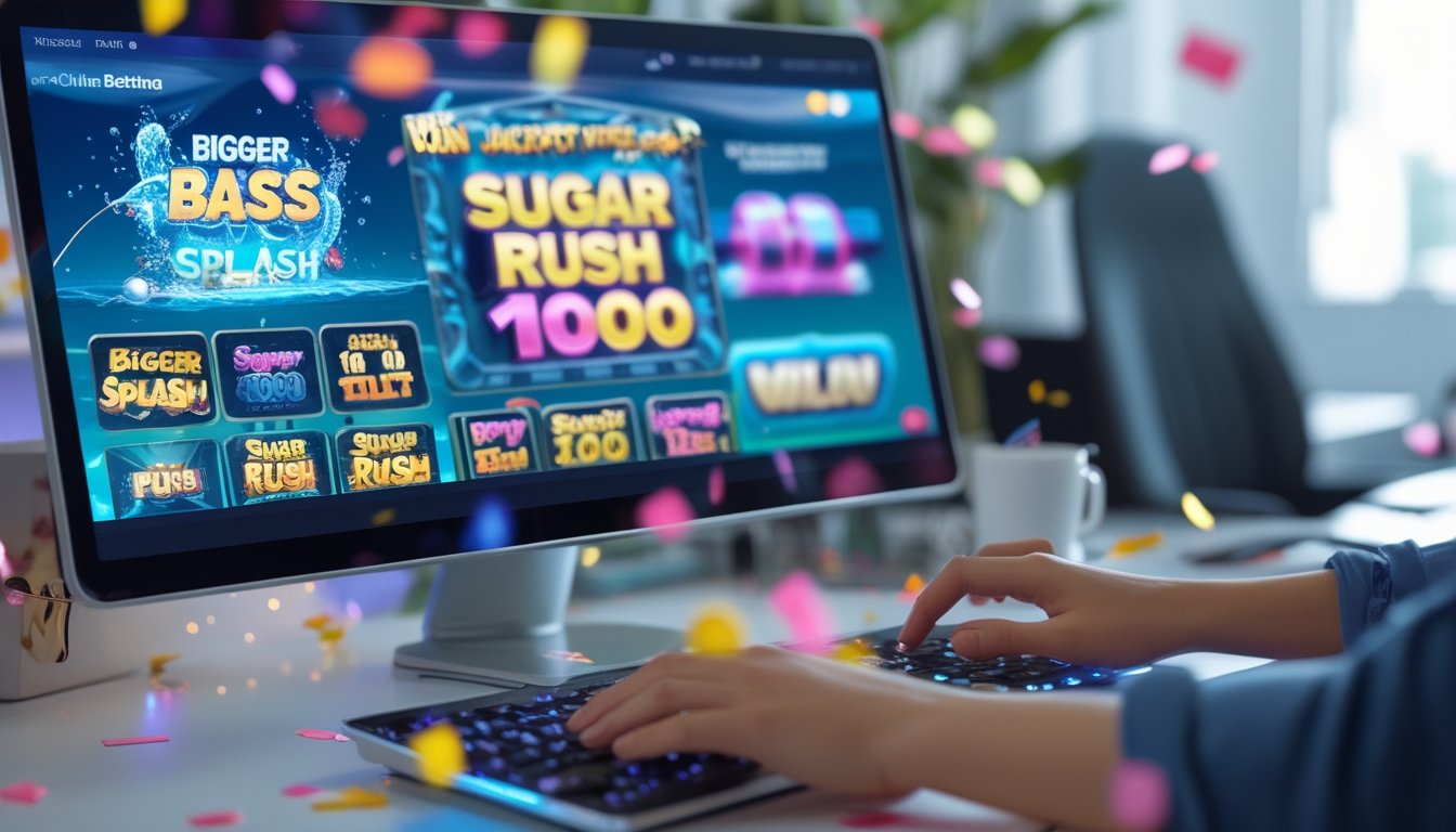 Seseorang menggunakan komputer dengan layar menampilkan permainan slot bertema memancing dan permen, di lingkungan yang terang dan ceria dengan efek cahaya yang menunjukkan kemenangan besar.