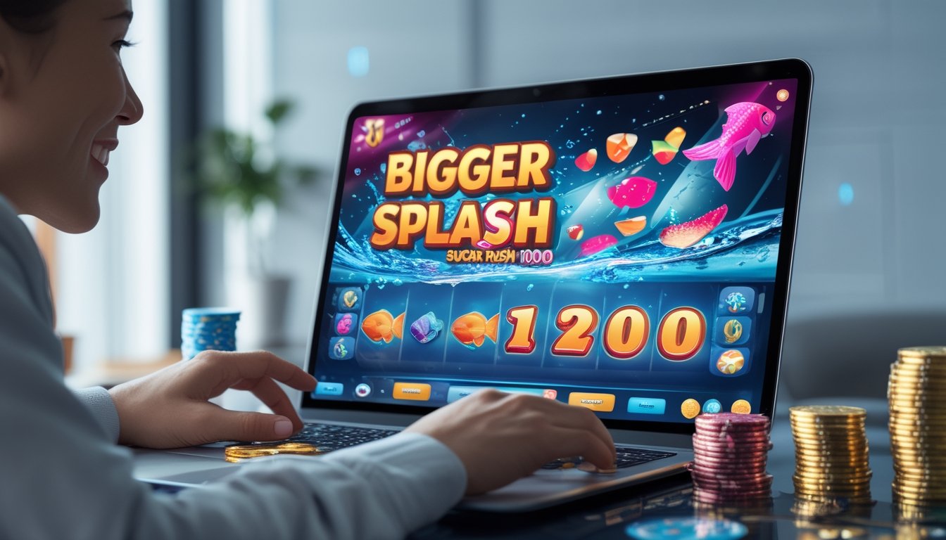 Seorang pemain slot online sedang menggunakan komputer dengan tampilan permainan slot bertema ikan dan permen yang berwarna-warni.