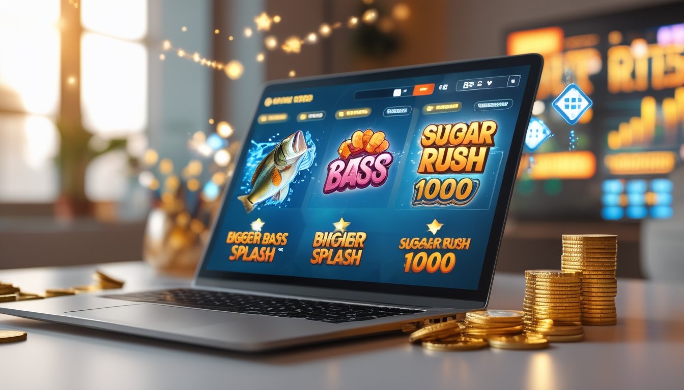 Sebuah komputer menampilkan permainan slot dengan tema ikan dan permen, dikelilingi koin emas dan grafik kemenangan.