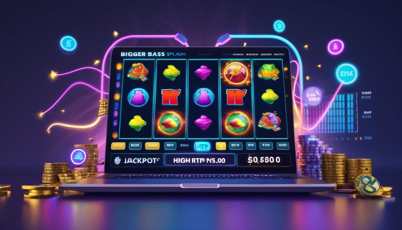 Layar komputer menampilkan permainan slot dengan simbol ikan dan permen, dikelilingi koin dan ikon jackpot.