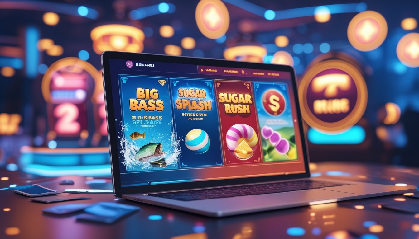 Antarmuka digital modern dengan elemen permainan slot bertema ikan besar dan permen warna-warni, di latar belakang suasana kasino dengan lampu gemerlap.