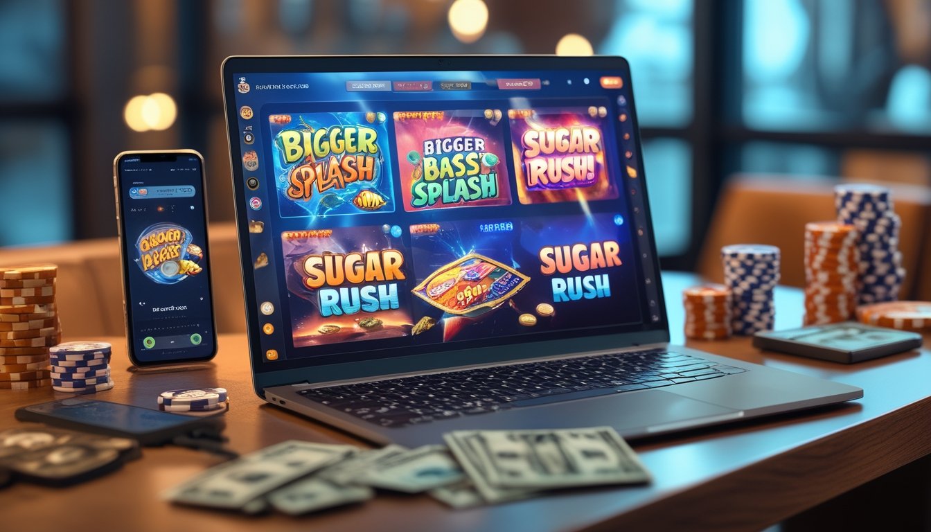 Meja kerja dengan laptop menampilkan permainan slot bertema ikan dan permen, dikelilingi oleh chip poker dan ponsel dengan aplikasi taruhan.