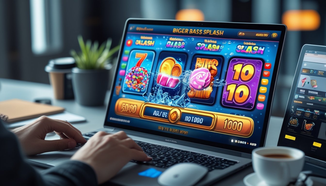 Seseorang sedang bermain permainan slot online di depan komputer dengan layar menampilkan grafik warna-warni bertema air dan permen.