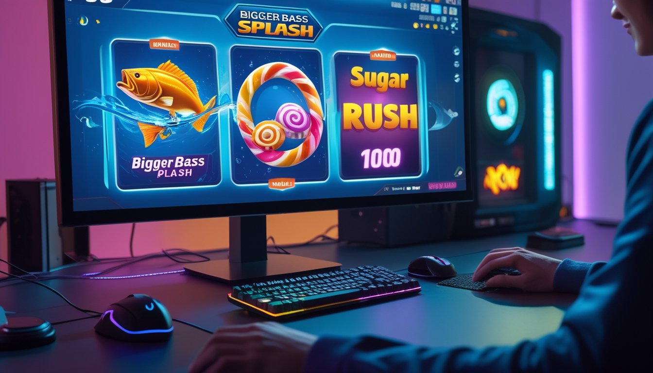 Sebuah meja gaming modern dengan monitor menampilkan permainan slot bertema memancing dan permen, dengan tangan seseorang menggunakan keyboard dan mouse di ruangan yang terang dan nyaman.