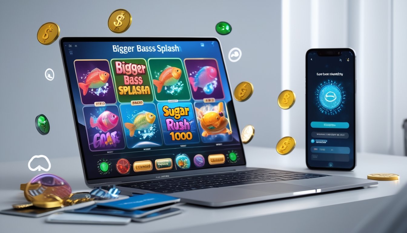 Sebuah laptop menampilkan permainan slot dengan tema ikan dan permen, dikelilingi oleh ikon transaksi digital dan kartu kredit yang melambangkan deposit cepat dan mudah.