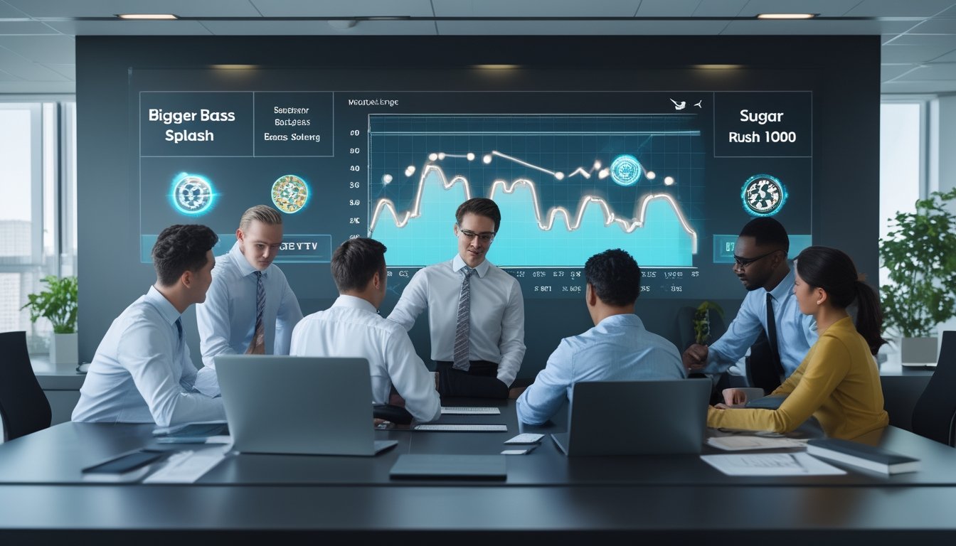 Sekelompok orang bekerja sama di kantor modern dengan layar digital besar yang menampilkan grafik dan ikon terkait taruhan.