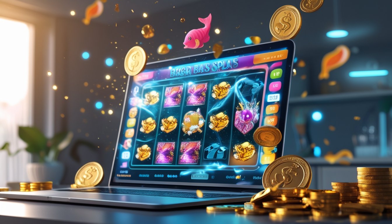 Sebuah komputer menampilkan permainan slot berwarna-warni dengan koin emas dan efek cahaya yang menggambarkan kemenangan besar.