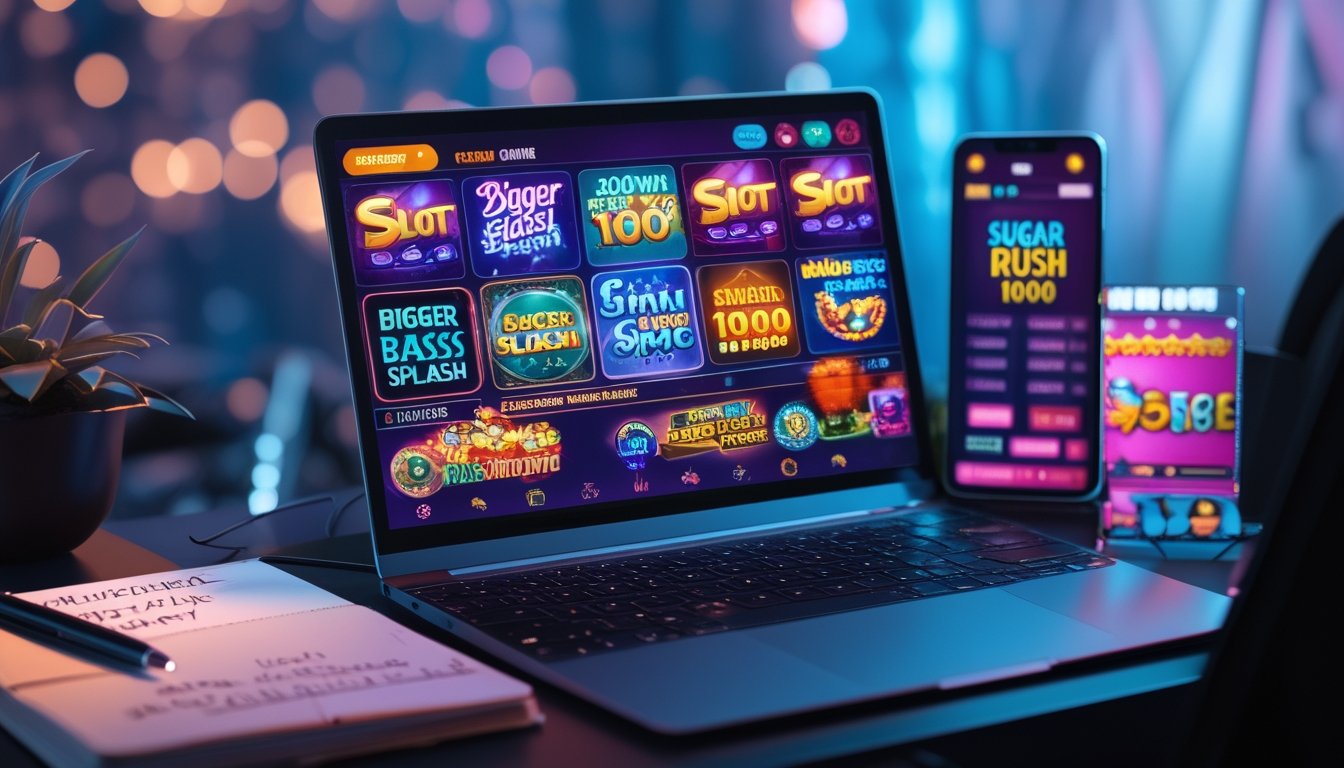 Seorang pemain sedang menggunakan komputer dengan tampilan permainan slot warna-warni dan alat tulis di meja sebagai simbol strategi bermain.
