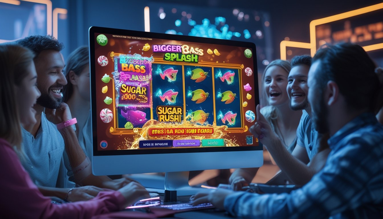 Beberapa orang bermain permainan slot online dengan layar komputer yang menampilkan grafis ikan dan permen berwarna-warni di ruangan gaming yang terang.