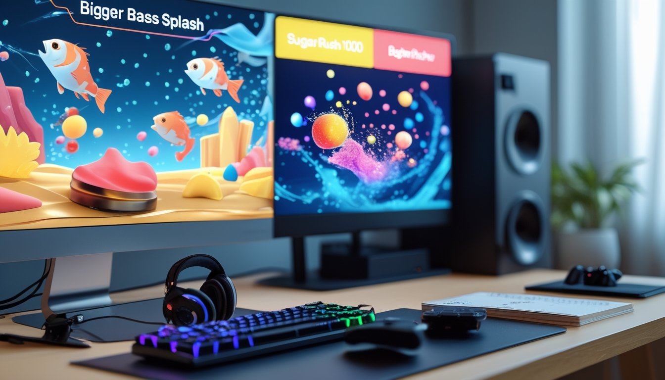 Meja permainan dengan komputer menampilkan elemen permainan memancing dan tema permen, dilengkapi aksesori gaming dan suasana yang nyaman.