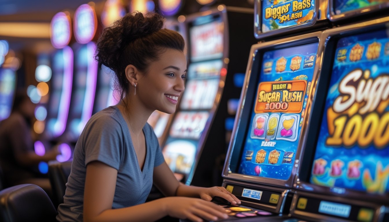 Seorang pemain sedang fokus bermain mesin slot dengan tema ikan dan permen di kasino yang terang dan modern.